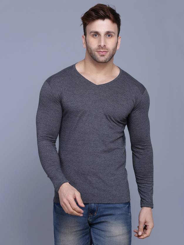Menkovy Men Solid V Neck Cotton Blend Grey T-Shirt