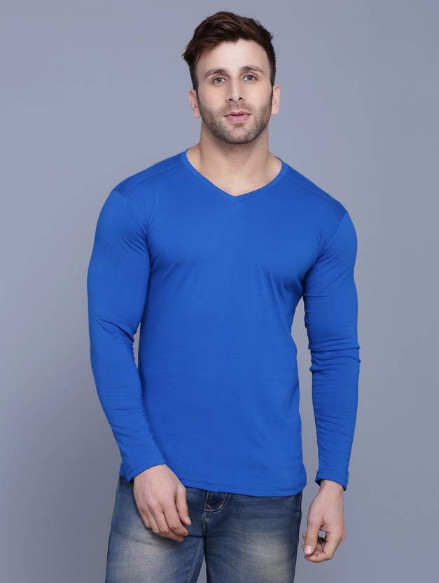 Menkovy Men Solid V Neck Cotton Blend Blue T-Shirt