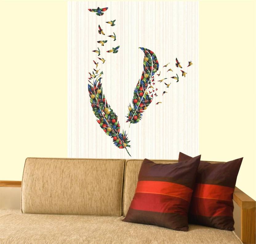 MADHUBAN DÉCOR 100 cm Feathers Wall Sticker Colorful Birds and Feather