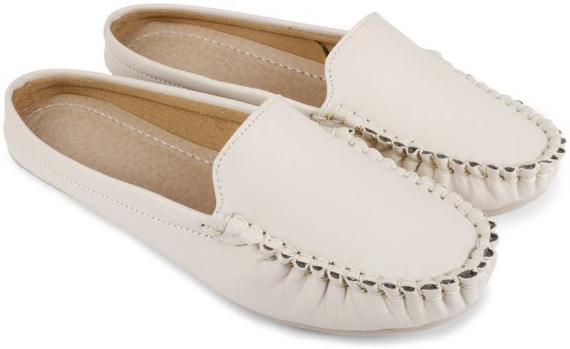 Slip-On Open Back Loafers For Women  (Off White)