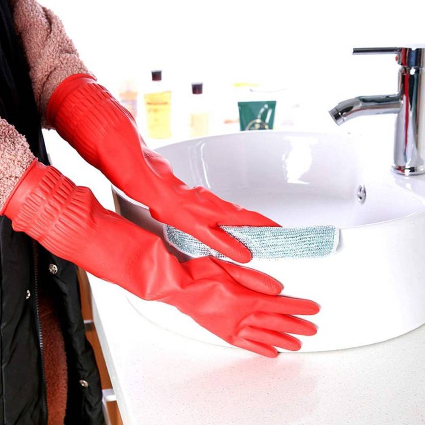Lovely Red Color Reusable Rubber Gloves (Pack Of 2)