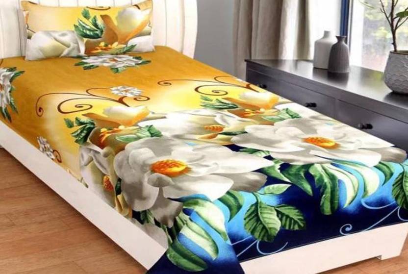 BELLAGENCE Polycotton Single Flat 140 TC Printed 1 Bedsheet with 2 Pillow Covers