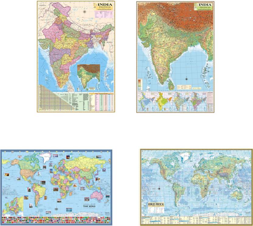 WORLD MAP and INDIA MAP (POLITICAL and PHYSICAL MAP) Pack of 4 All map ...