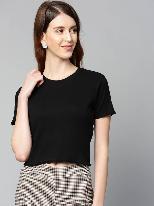 SASSAFRAS Casual Regular Sleeves Solid Women Black Top