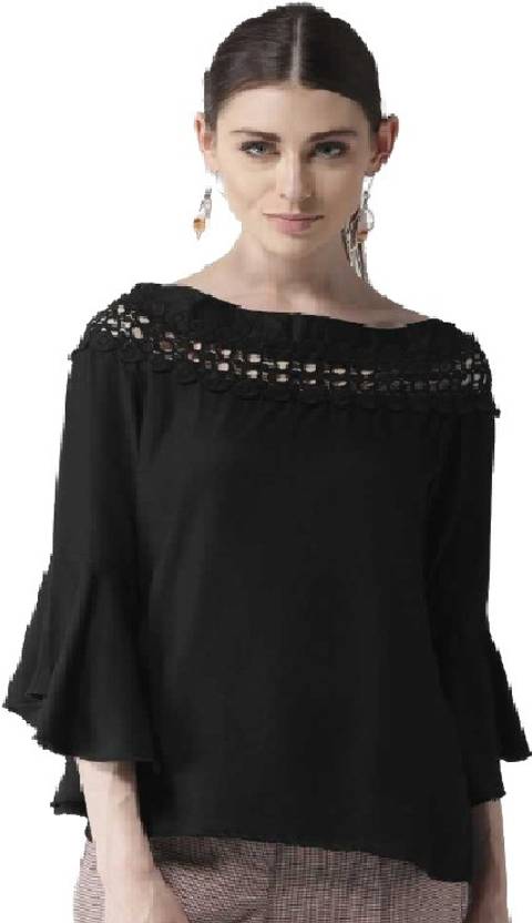 Fellamo Casual Bell Sleeves Solid Women Black Top