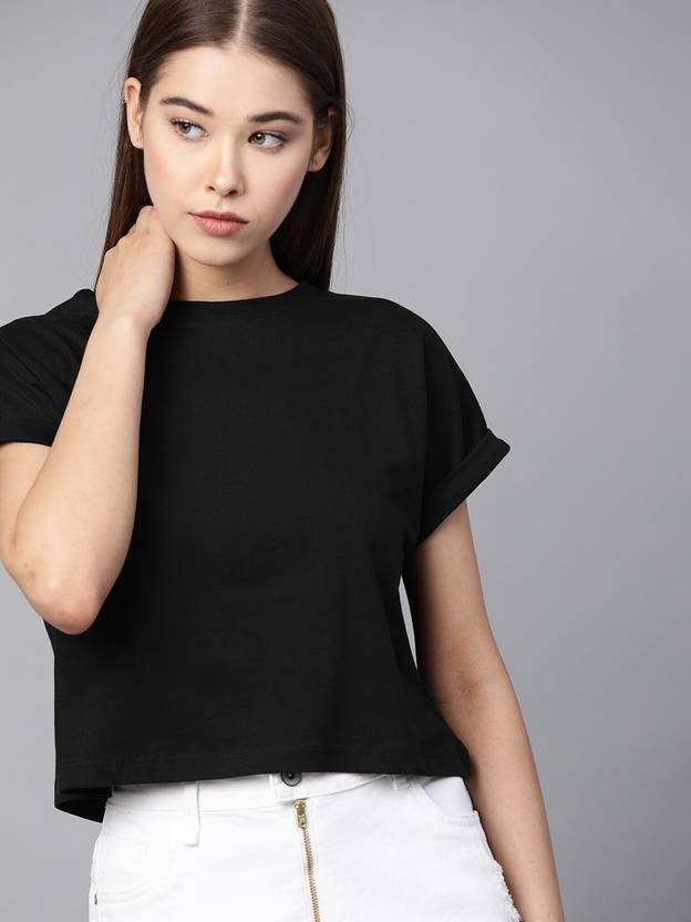 Roadster Women Solid Round Neck Pure Cotton Black T-Shirt