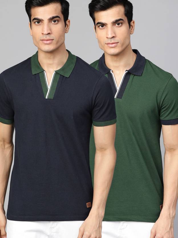 Roadster Pack of 2 Men Solid Polo Neck Pure Cotton Multicolor T-Shirt