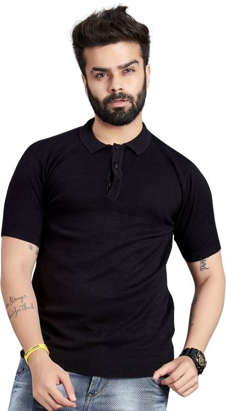 Fabland Men Self Design Polo Neck Cotton Blend Black T-Shirt