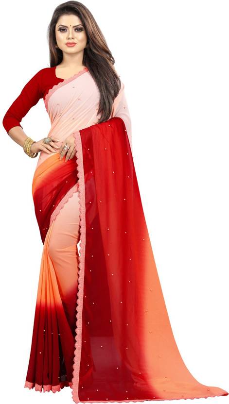 Fashion Day Self Design, Solid/Plain Bollywood Georgette Saree (Red, Orange)