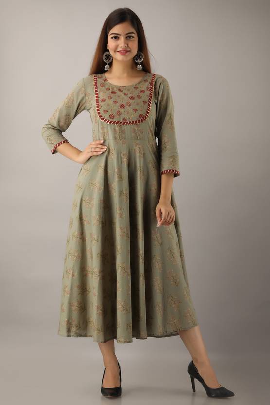 Women Printed, Self Design Cotton Blend A-line Kurta  (Light Green)