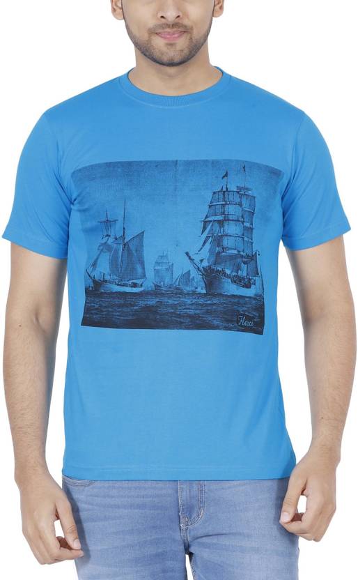 Fleximaa Men Printed Round Neck Cotton Blend Blue T-Shirt