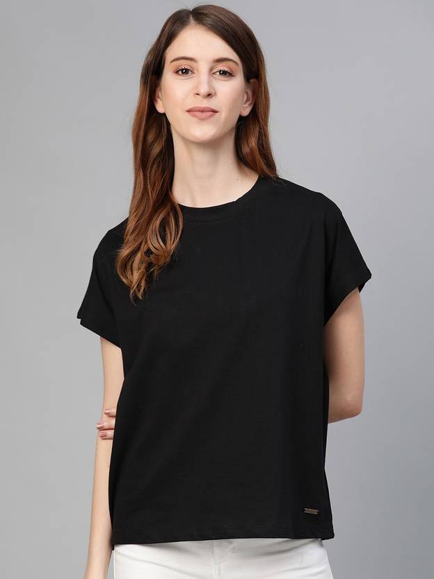 Roadster Solid Women Round Neck Black T-Shirt