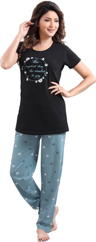 DZZO Women Top & Pyjama Set Black Printed