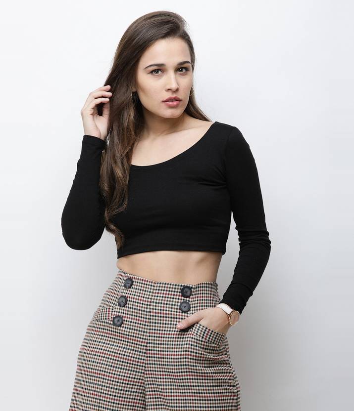 Cation Casual Regular Sleeves Solid Women Black Top