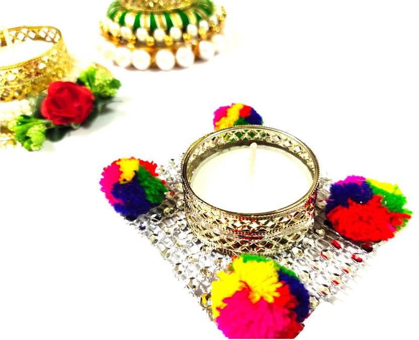 Buyent Silver Sheet PomPom DesignerTealight Candle Holders for Table Dining Room Diwali Dussehra Festival Gifts with Tea Light Plastic 1 - Cup Tealight Holder