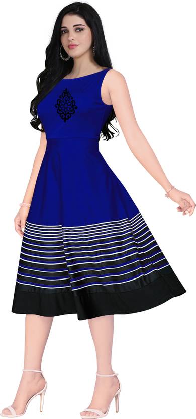 Women A-line Blue, White Dress