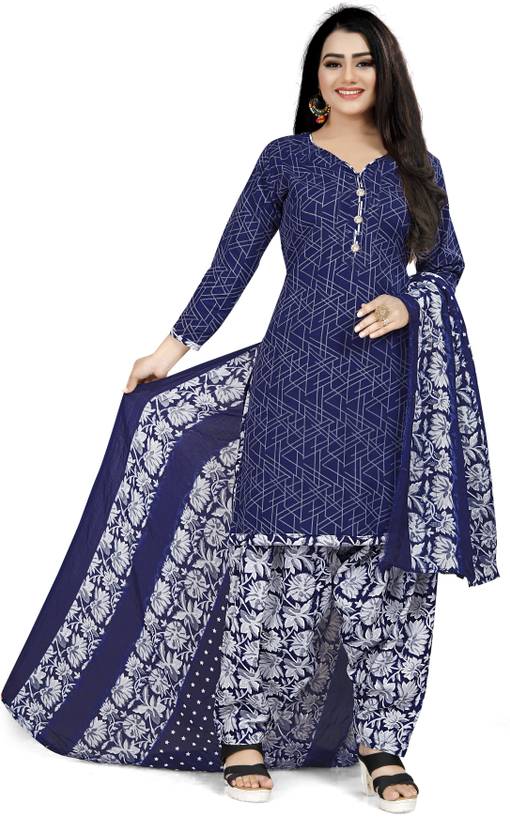 Babyhug Woven Three Fourth Sleeves  Floral & Chevron Printed Kurta Salwar Set with Dupatta & Lace Detailing - Navy Blue main image 1