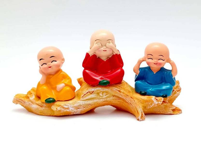 BHATIA 3 BABY MONK SET|CHILD MONK SET|MONK SET|BABY MONK|SITTING MONK|MONK ON WOOD| FOR HOME|OFFICE|TABLE|FENG SHUI|VASTU SHOWPIECE Decorative Showpiece  -  7 cm