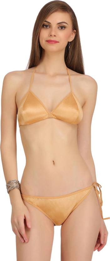 Fashion Comfortz Bra & Panty Set Self Design Gold Lingerie Set