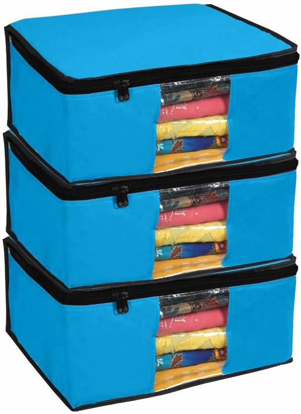whitekrafts 3 Presents Non Woven Saree Cover Storage Bags for Clothes Combo Offer Saree Organizer for Wardrobe/Organizers for Clothes/Organizers for Wardrobe SC_Plan_Blue3