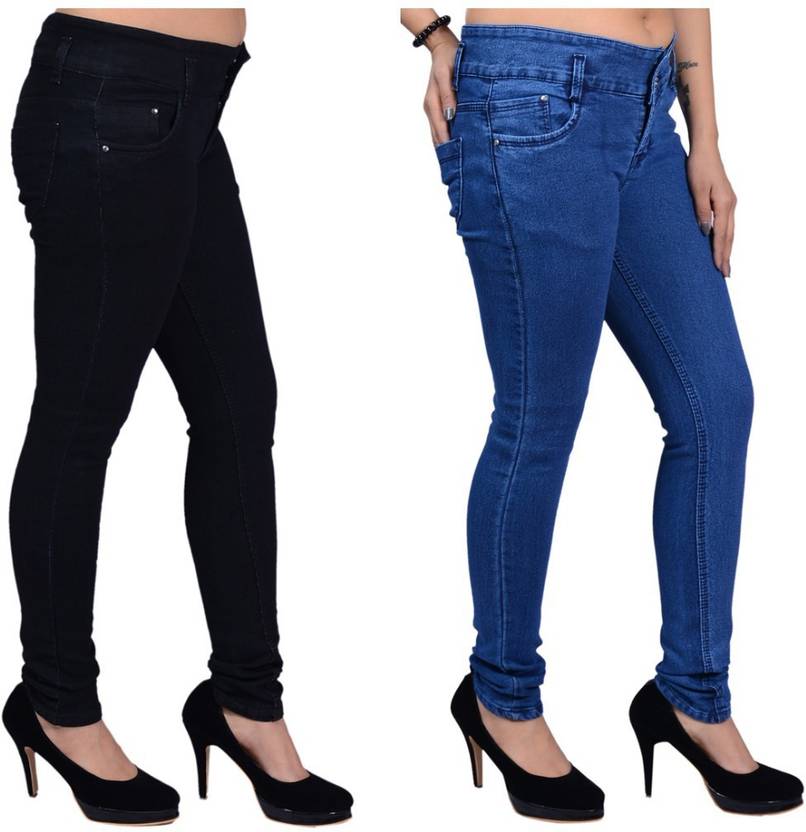 Women Skinny Mid Rise Blue, Black Jeans  (Pack of 2)
