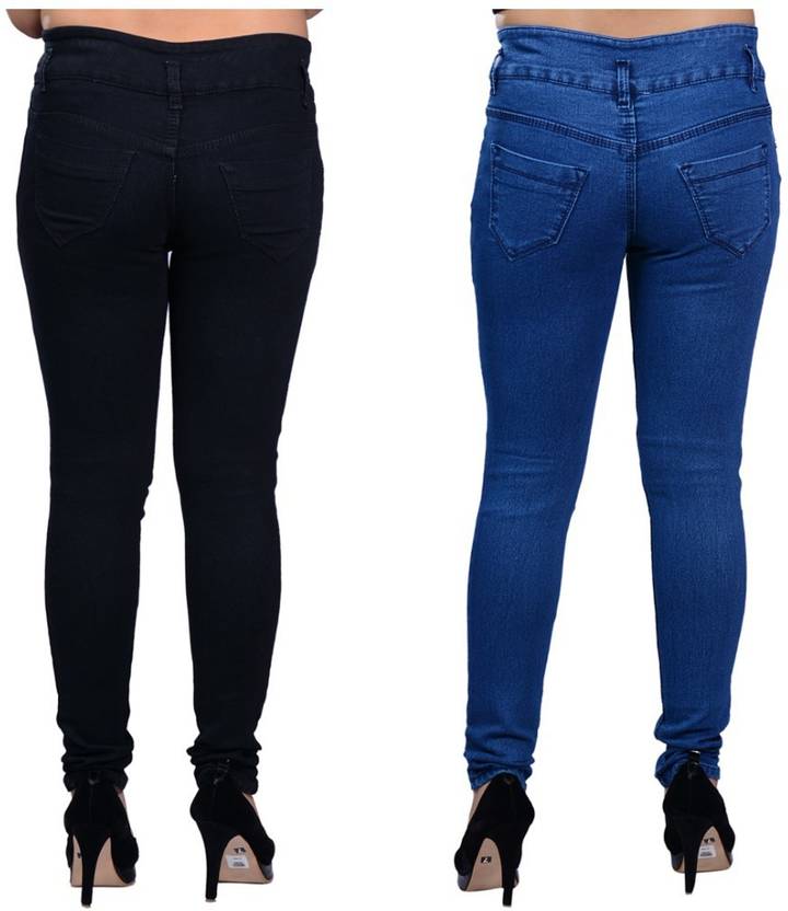 Women Skinny Mid Rise Blue, Black Jeans  (Pack of 2)