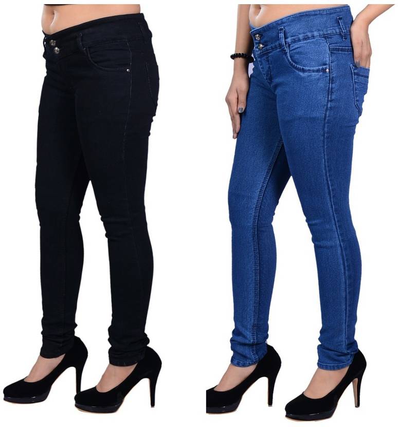 Women Skinny Mid Rise Blue, Black Jeans  (Pack of 2)