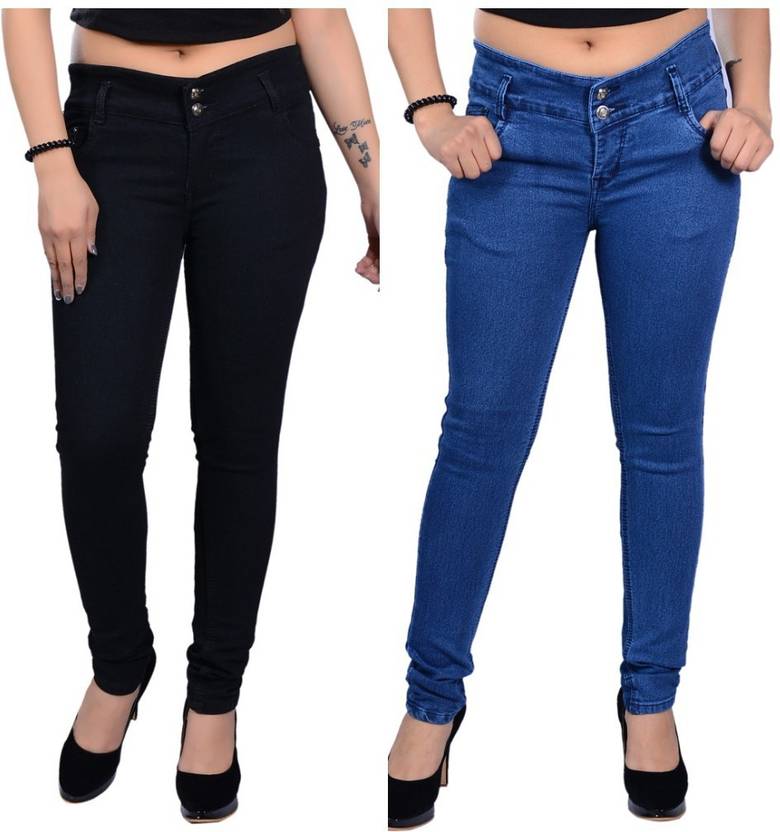 Women Skinny Mid Rise Blue, Black Jeans  (Pack of 2)