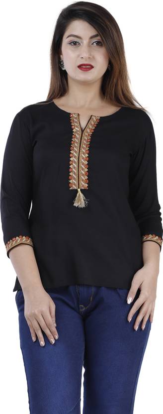 Brijam Casual Regular Sleeves Embroidered Women Black Top