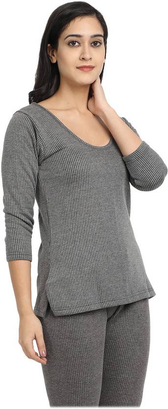 Light Pure Women Soft Cotton Fleese 3/4 Sleeves Grey Thermal Top Women Top Thermal