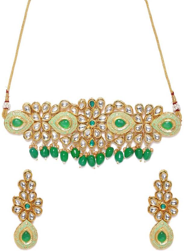 ZAVERI PEARLS Metal Goldplated Green Jewellery Set Price in India