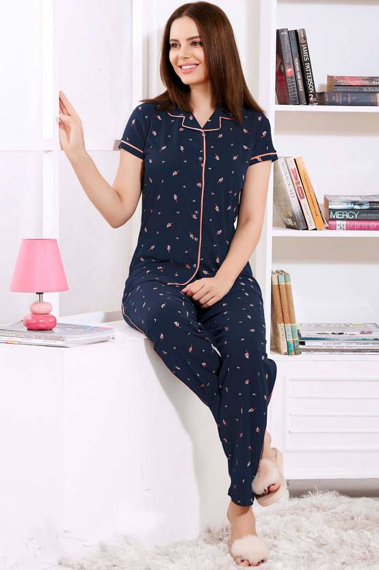 ZEYO Women Printed Blue Shirt & Pyjama set