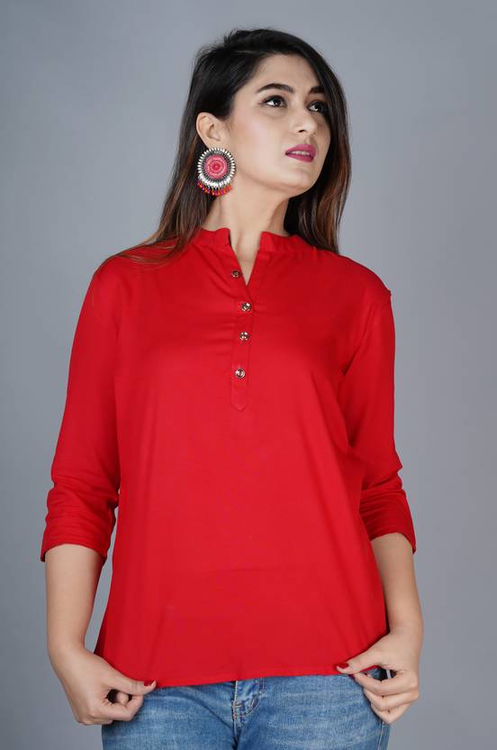 Brijam Casual Regular Sleeves Solid Women Red Top