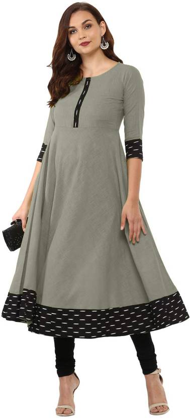 Women Printed, Solid Cotton Blend Anarkali Kurta  (Grey)