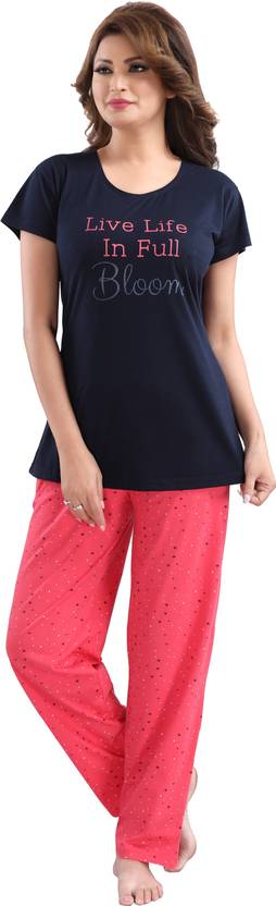 DZZO Women Printed Blue Top & Pyjama Set