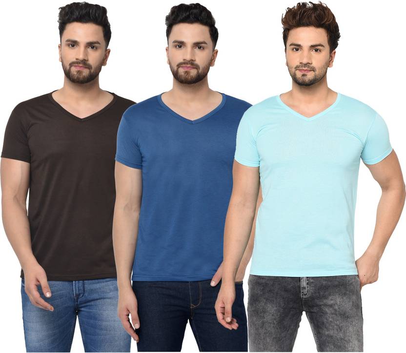 Bribzy Solid Men V Neck Multicolor T-Shirt
