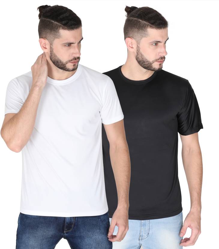 Scottish Pack of 2 Men Solid Round Neck Polyester White, Black T-Shirt