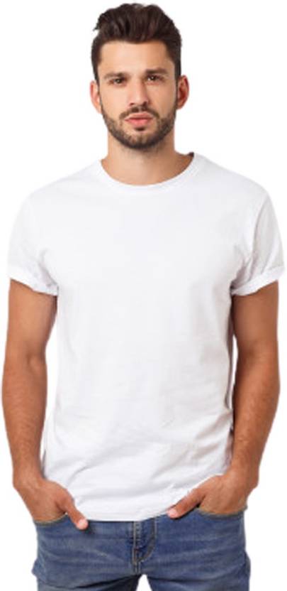 Bigreams Men Solid Round Neck Polyester White T-Shirt