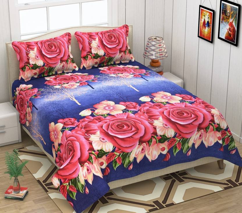 Anticca Polycotton Double Flat 144 TC Floral 1 Bedsheet with 2 Pillow Covers