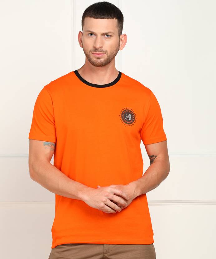 Academy By Van Heusen Men Solid Round Neck Pure Cotton Orange T-Shirt