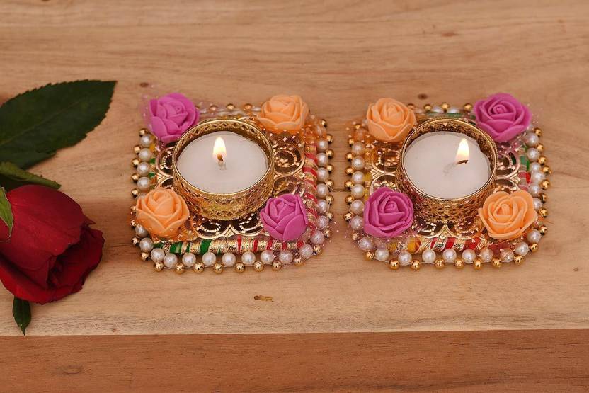 CraftVatika Mix Color Flower Design Metallic Diya Candle Holder for Table Cast Iron 2 - Cup Tealight Holder Set