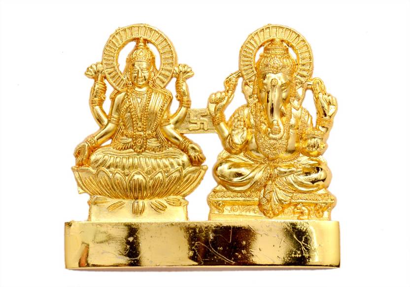 Poojan Paatr Laxmi Ganesh Gold Plated Statue - Idol for Pooja, Car Dashboard, Home, Office Décor, Gifting Decorative Showpiece, Temple Gift (Zinc, Golden). Decorative Showpiece - 8 cm