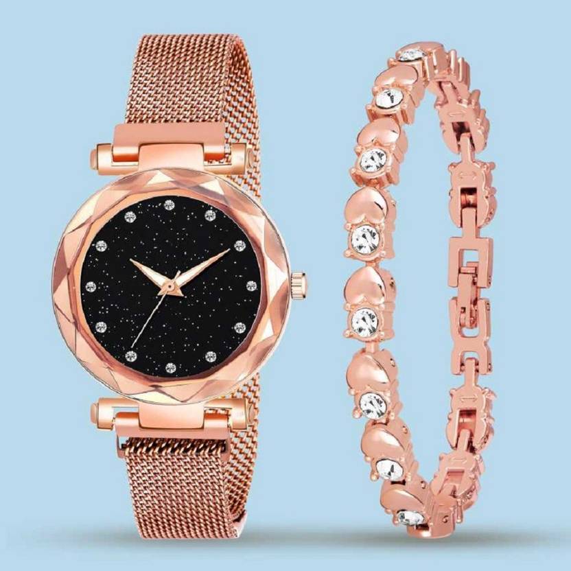 Bamford WITH BRACELET COMBO Analog Watch  - For Girls BMF-560 ROSE GOLD ROMAN DIAL DESIGNER METAL MAGNET BELT WRIST WATCHES FOR GIRLS NEW ARRIVAL FAST SELLING TRACK DESIGNER LADIES GIRLS WOMEN SPECIAL FESTIVAL PARTY DIWALI NEW YEAR BIRTHDAY SPECIAL STYLISH WRIST WATCH FOR LADIES