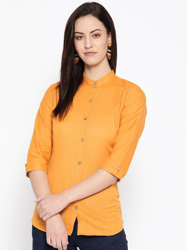 DEIFIC Women Solid Casual Yellow Shirt