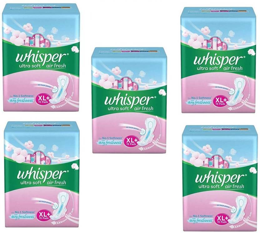 Whisper Ultra Soft Air Fresh Sanitary Pads XL Plus (15 Count) Pack of 5
