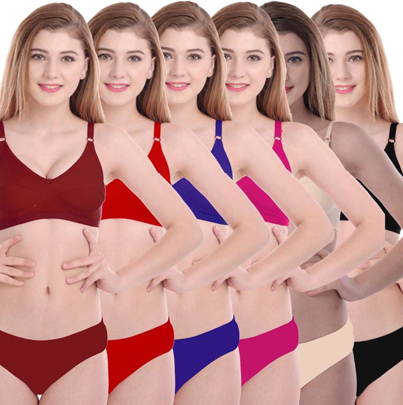 Beach Curve Bra & Panty Set Solid Maroon, Red, Blue, Pink, Gold, Black Lingerie Set