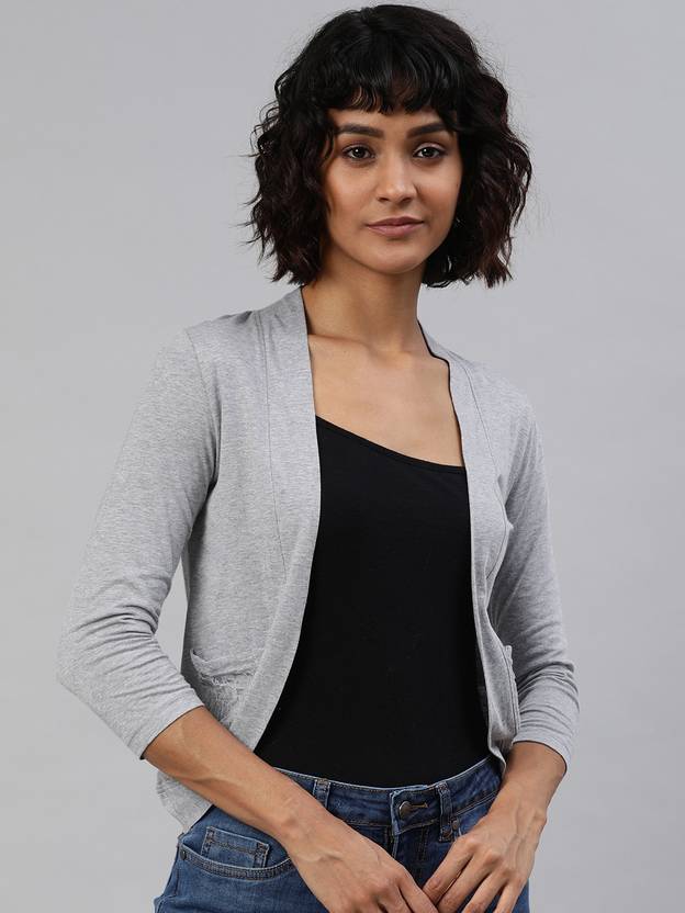 zebu Women Jacket Style 3/4th Sleeve Grey Shrug