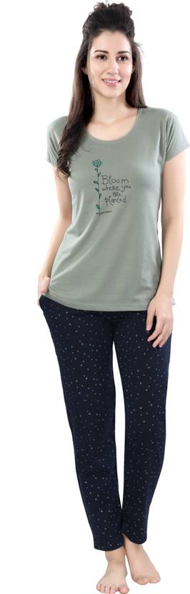 DZZO Women Printed Green Top & Pyjama Set