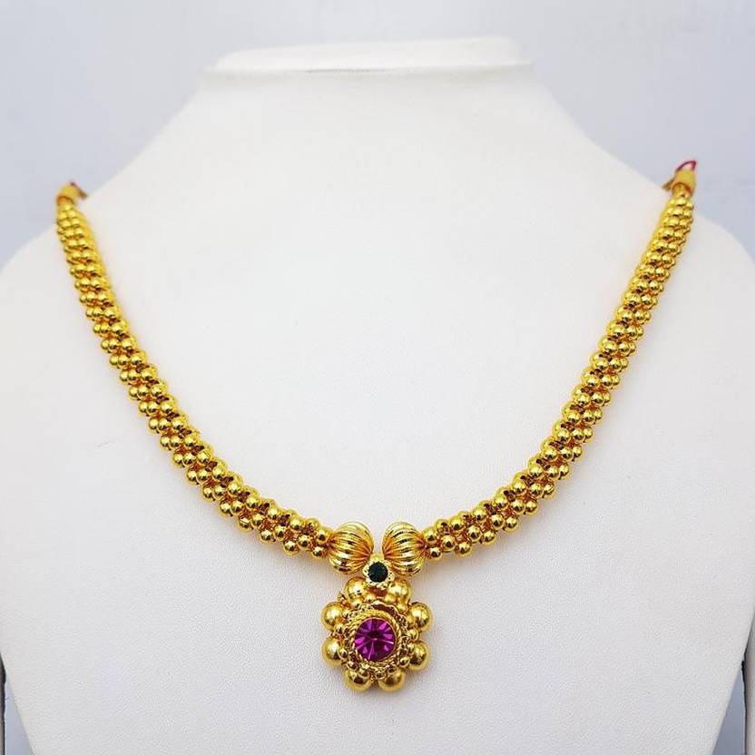 Traditional Wedding Maharashtrian Kolhapuri Thushi ( Choker ) Necklace Set Jewellery for Women and Girls Pearl, Cubic Zirconia Gold-plated Plated Copper Necklace