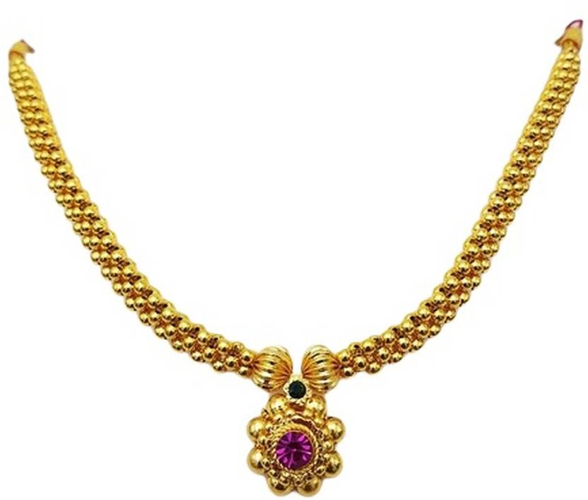 Traditional Wedding Maharashtrian Kolhapuri Thushi ( Choker ) Necklace Set Jewellery for Women and Girls Pearl, Cubic Zirconia Gold-plated Plated Copper Necklace